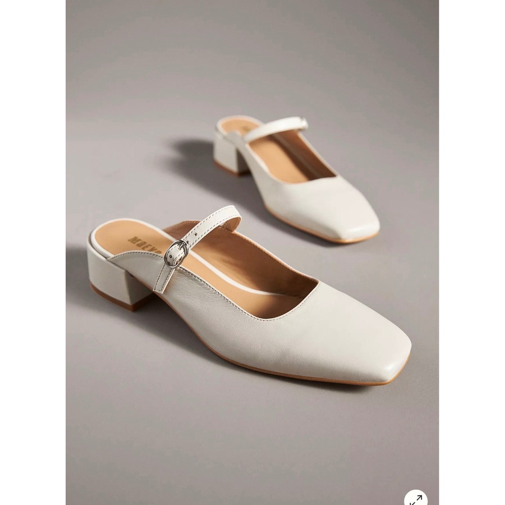 Maeve White Leather Mary Jane Mules Size 37 / 7 US Square Toe Block Heel Beige